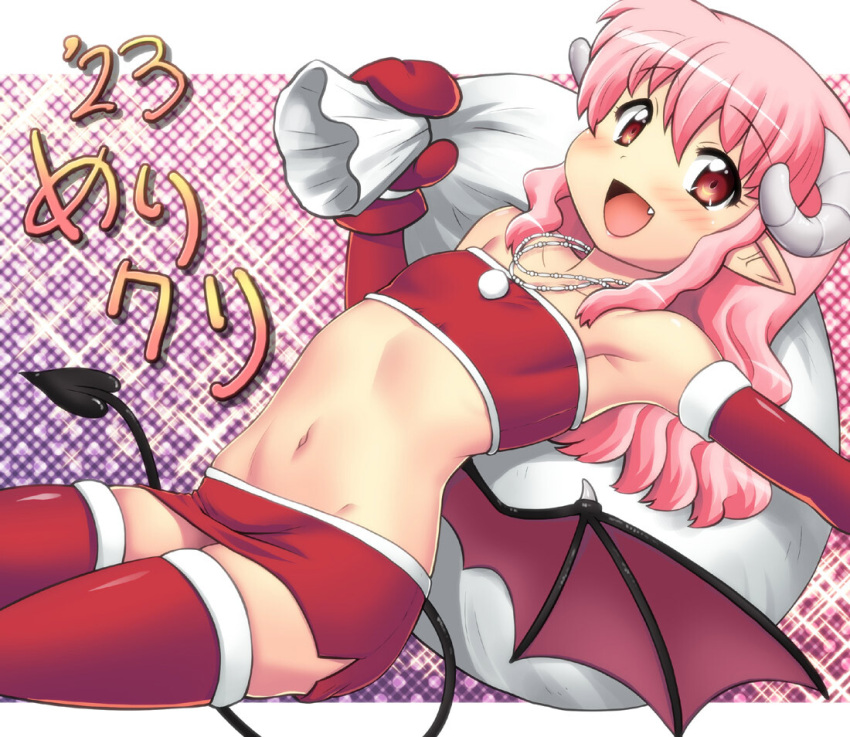 1girl :d armpits blush christmas demon_girl demon_horns demon_tail demon_wings dutch_angle elbow_gloves fang flat_chest gloves hase_yu horns jewelry long_hair low_wings miniskirt mittens navel necklace original outside_border pink_hair plaid plaid_background pointy_ears red_skirt red_thighhighs sack sidelocks skirt smile solo strapless tail thighhighs tube_top wavy_hair wings zettai_ryouiki