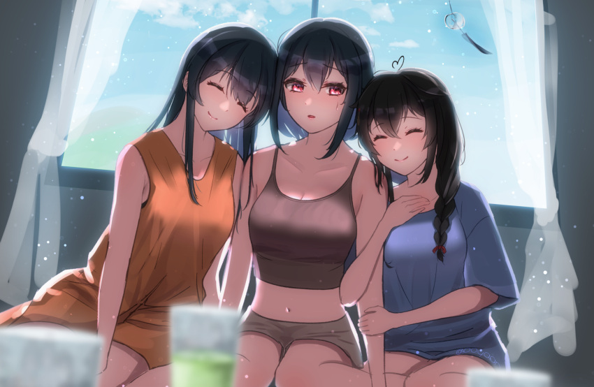 3girls ahoge alternate_costume black_hair blue_shirt braid brown_shorts closed_eyes dress fusou_(kancolle) hair_between_eyes hair_over_shoulder heart heart_ahoge highres indoors kantai_collection long_hair looking_at_another multiple_girls orange_dress red_eyes shigure_(kancolle) shirt short_hair short_shorts shorts sleeveless sleeveless_dress snosnow t-shirt twitter_username wind_chime yamashiro_(kancolle)