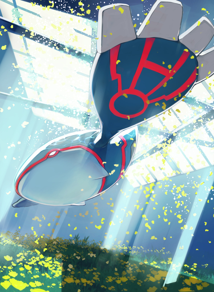 absurdres blank_eyes closed_mouth commentary_request falling_petals flower from_side gara_(qbeuxvii22) grass highres kyogre light_rays no_humans petals pokemon pokemon_(creature) solo white_eyes yellow_flower