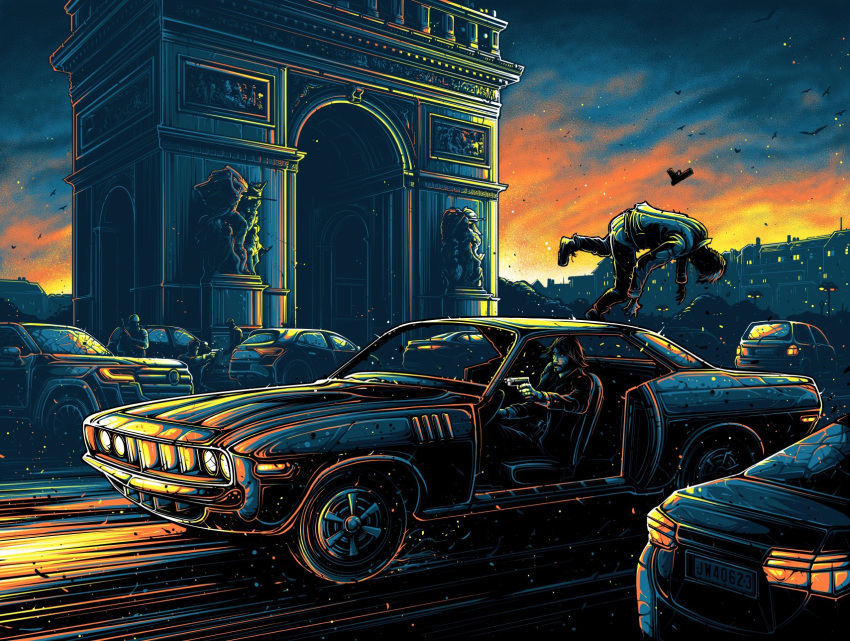 5boys arc_de_triomphe beard black_hair black_necktie car commentary dan_mumford driving english_commentary facial_hair formal france gun handgun highres holding holding_gun holding_weapon jacket john_wick john_wick_(character) keanu_reeves medium_hair motor_vehicle multiple_boys muscle_car necktie pants shirt suit traffic weapon