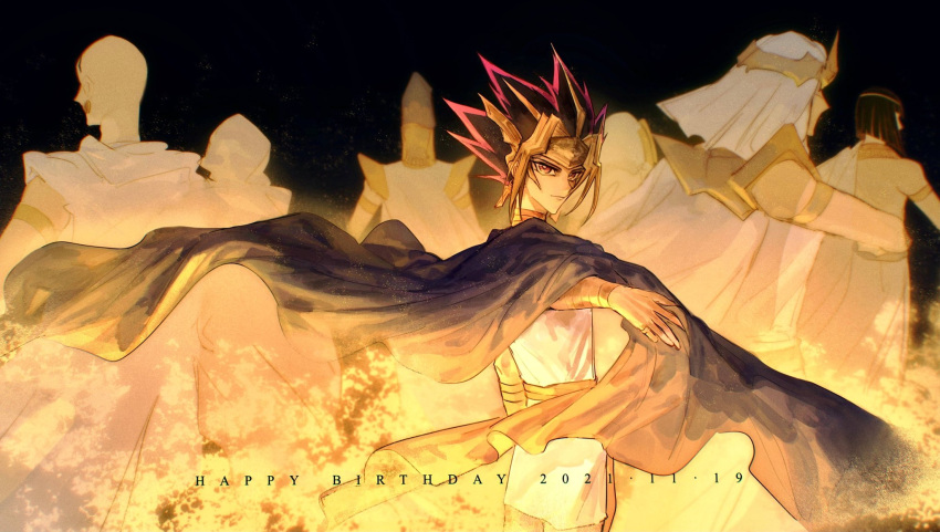 armlet atem black_hair blonde_hair blue_cape bob_cut bracer cape character_request chinese_commentary commentary_request crown dangle_earrings dated earrings egyptian_clothes facing_away gold happy_birthday highres jewelry looking_back male_focus multicolored_hair naoki_(2rzmcaizerails6) outstretched_arm purple_eyes purple_hair ring robe short_hair sleeveless solo_focus streaked_hair upper_body white_robe yu-gi-oh! yu-gi-oh!_duel_monsters