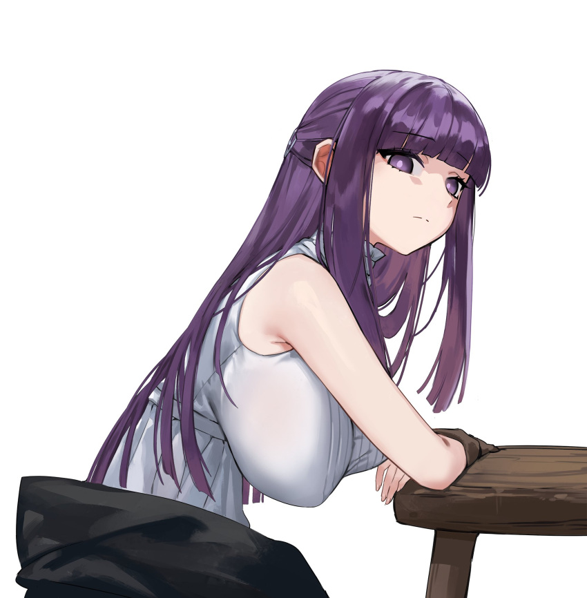 1girl alternate_breast_size arm_on_table bare_shoulders black_cloak blunt_bangs breasts cloak commentary dress fern_(sousou_no_frieren) foolish_potato frown hanging_breasts highres large_breasts long_hair looking_at_viewer purple_eyes purple_hair purple_pupils sidelocks simple_background sleeveless sleeveless_dress solo sousou_no_frieren straight_hair symbol-only_commentary table white_dress