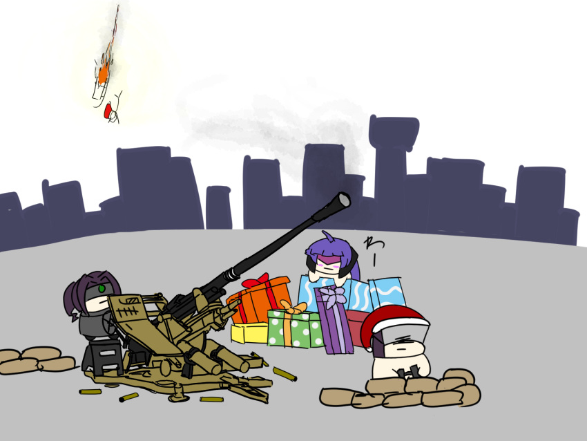 anti-aircraft anti-aircraft_gun binoculars blush chibi christmas christmas_present cityscape closed_mouth commentary_request dragoon_(girls'_frontline) falling fire flying gift girls'_frontline hat highres holding holding_binoculars jaeger_(girls'_frontline) letter_ft purple_hair sandbag sangvis_ferri santa_hat smoke vespid_(girls'_frontline)