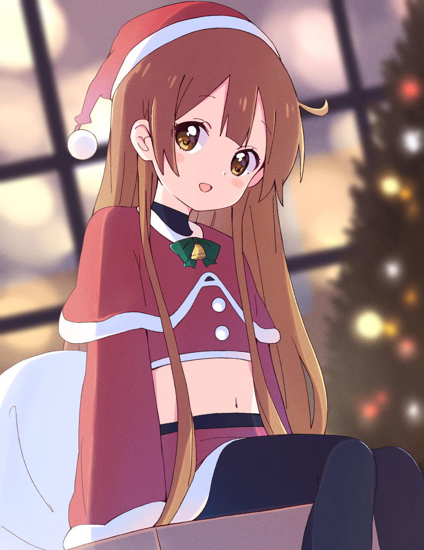 1girl :d absurdres bell black_pantyhose blurry blurry_background blush_stickers bow bowtie brown_eyes brown_hair capelet christmas christmas_lights christmas_tree commentary_request fur-trimmed_capelet fur-trimmed_headwear fur_trim green_bow green_bowtie happy hat highres long_hair long_sleeves looking_at_viewer mesushio midriff navel oomuro-ke oomuro_hanako open_mouth pantyhose pom_pom_(clothes) red_capelet red_headwear red_skirt sack santa_costume santa_hat sitting skirt smile solo very_long_hair yuru_yuri