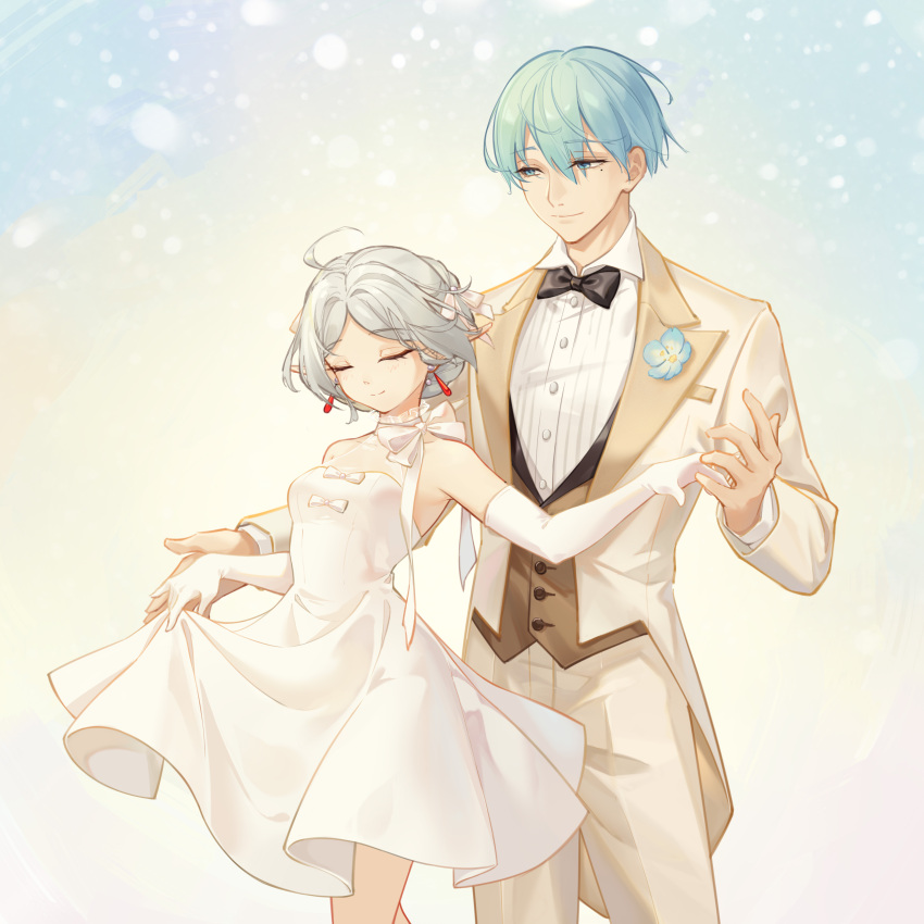 1boy 1girl absurdres ahoge alternate_costume alternate_hairstyle bare_shoulders blue_eyes blue_hair bow bowtie breasts charcoal_carbon choker closed_eyes closed_mouth collared_shirt commentary_request dancing dress earrings elbow_gloves elf frieren gloves grey_hair hair_ribbon halter_dress halterneck height_difference hetero highres himmel_(sousou_no_frieren) jewelry long_sleeves looking_at_another mole mole_under_eye pointy_ears ribbon shirt short_hair small_breasts smile sousou_no_frieren suit tailcoat traditional_bowtie vest white_choker white_dress white_gloves white_shirt white_suit