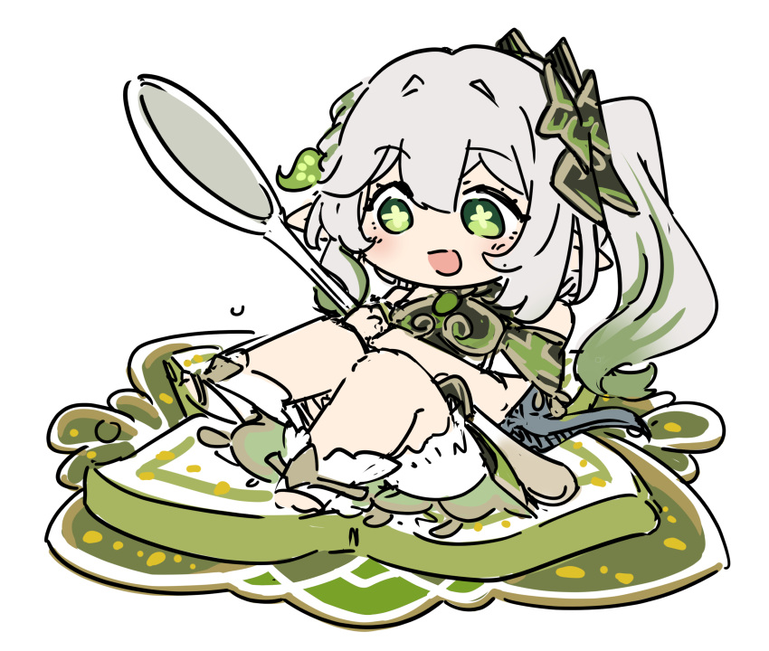 1girl :d absurdres bloomers braid chibi crown_braid detached_sleeves dress flower-shaped_pupils food genshin_impact gradient_hair green_eyes hair_between_eyes hair_ornament halvamazd_(genshin_impact) highres holding holding_spoon knees_up leaf_hair_ornament long_hair looking_at_viewer mini_person minigirl multicolored_hair nahida_(genshin_impact) pointy_ears sesield short_sleeves side_ponytail sidelocks simple_background single_braid sitting sketch smile solo spoon stirrup_legwear streaked_hair symbol-shaped_pupils toeless_legwear two-tone_hair white_background white_bloomers white_dress white_hair