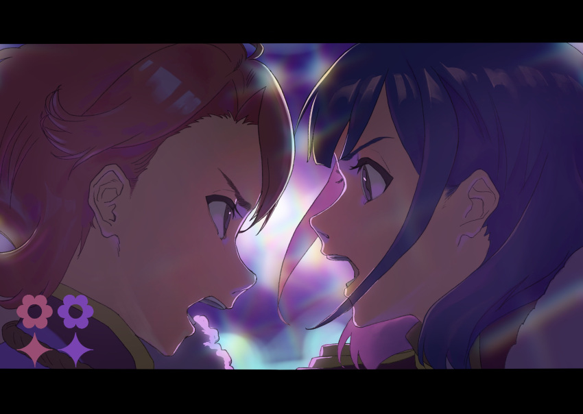 2girls absurdres angry backlighting blue_hair blurry blurry_background eye_contact face-to-face flower_(symbol) from_side fur-trimmed_jacket fur_trim hanayagi_kaoruko highres indoors isurugi_futaba jacket lens_flare letterboxed looking_at_another medium_hair multiple_girls open_mouth pink_hair pink_jacket portrait profile purple_eyes purple_jacket sato_no_sachi short_hair shoujo_kageki_revue_starlight sidelocks stage_lights teeth v-shaped_eyebrows