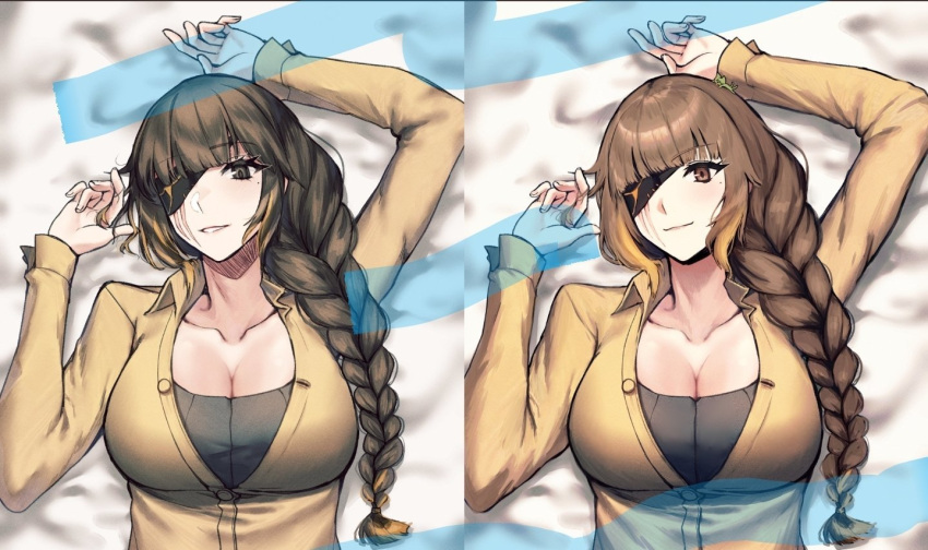 breasts brown_eyes brown_hair eyepatch girls'_frontline large_breasts long_hair looking_at_viewer lying m16a1_(girls'_frontline) scar shirt smile xanax025 yellow_shirt