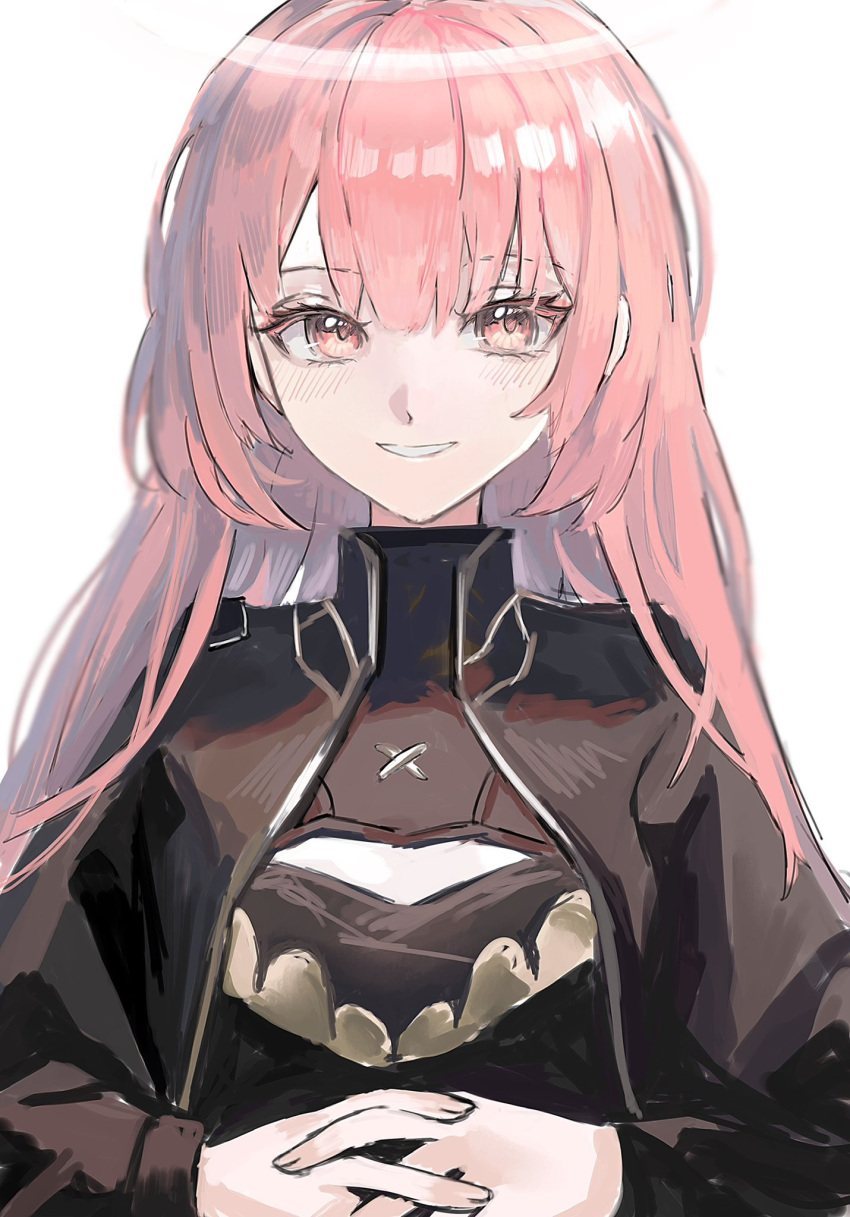 1girl arknights blurry blush breasts brown_jacket brown_shirt cleavage_cutout clothing_cutout commentary_request eyelashes facing_viewer fingernails grin hair_between_eyes hakaimoufu halo high_collar highres interlocked_fingers jacket lemuen_(arknights) long_hair long_sleeves looking_afar looking_to_the_side open_clothes open_jacket own_hands_together parted_lips pink_eyes pink_hair shirt simple_background small_breasts smile solo standing straight-on straight_hair teeth turtleneck turtleneck_shirt upper_body white_background white_halo