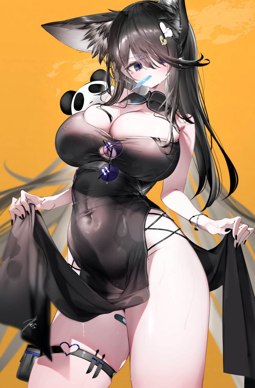 1girl absurdres animal_ear_fluff animal_ears bandaid_on_thigh bare_shoulders black_dress black_hair black_nails blue_eyes bracelet breasts breasts_apart broken_heart_hair_ornament china_dress chinese_clothes cleavage_cutout clothes_lift clothing_cutout contrapposto covered_navel cross-laced_slit curvy dress dress_lift fingernails food_in_mouth groin hair_between_eyes hair_ornament hairclip heart heart_hair_ornament heart_o-ring high_collar highres huge_breasts impossible_clothes impossible_dress inumata_ichini jewelry koruri-chan_(inumata_ichini) long_dress long_hair long_hair_between_eyes looking_at_viewer mole mole_on_thigh mole_under_eye mouth_hold nail_polish no_panties o-ring o-ring_thigh_strap orange_background original pelvic_curtain popsicle_in_mouth ringed_eyes side_slit skin_tight skindentation solo stuffed_animal stuffed_panda stuffed_toy thigh_pouch thigh_strap