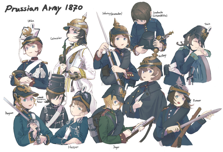 1870 6+girls :p @_@ absurdres ammunition_pouch antique_firearm arm_rest armor backpack bag bayonet bedroll belt black_belt black_coat black_hair black_jacket blonde_hair blue_eyes blue_jacket braid breastplate brown_bag brown_hair buttons canteen cavalry_sword chest_armor chin_strap closed_eyes closed_mouth coat combat_knife cropped_torso cuirass cuirassier doodles double-breasted dragoon dreyse_m1841 english_text firelock flintlock german_text glaring gold_trim green_eyes green_jacket gun gun_sling hair_between_eyes handgun hat hat_ornament helmet highres holding holding_gun holding_headgear holding_knife holding_weapon hussar insignia jacket karasumi_(sumizono) knife leaning leaning_on_object leaning_to_the_side load_bearing_equipment long_hair long_sleeves looking_at_viewer looking_down low_twin_braids matchlock military military_hat military_jacket military_uniform multiple_girls musket one_eye_closed open_mouth original pickelhaube plume pouch prussia purple_eyes red_trim rifle saber_(weapon) scabbard sheath sheathed shirt short_hair shoulder_boards simple_background soldier standing sword teeth tongue tongue_out twin_braids uhlan uniform upper_body upper_teeth_only v-shaped_eyebrows wavy_mouth weapon white_background white_belt white_jacket white_shirt wrist_cuffs
