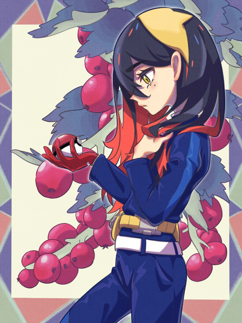 1girl belt berry black_hair blue_pants border carmine_(pokemon) closed_mouth colored_inner_hair commentary_request grey_background hairband highres holding holding_poke_ball keeno-ringo46 leaf mole mole_under_eye multicolored_border multicolored_hair pants poke_ball pokemon pokemon_sv red_hair solo standing two-tone_hair yellow_eyes yellow_hairband