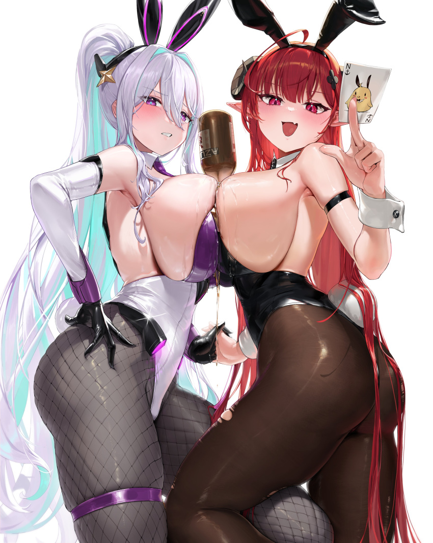 2girls absurdres ahoge alcohol animal_ears aqua_pupils arm_strap azur_lane black_gloves black_horns black_leotard breast_press breasts card champagne champagne_bottle chochomi curled_horns demon_girl detached_collar elbow_gloves fake_animal_ears fake_tail fang fishnet_pantyhose fishnets gloves hair_between_eyes hand_on_own_hip highres hindenburg_(azur_lane) hindenburg_(delirious_duel)_(azur_lane) holding holding_card holding_hands horns kearsarge_(all_night_charge)_(azur_lane) kearsarge_(azur_lane) large_breasts leotard long_hair looking_at_viewer multicolored_leotard multiple_girls official_alternate_costume open_mouth pantyhose pink_pupils playboy_bunny playing pointy_ears ponytail pouring pouring_onto_self purple_leotard rabbit_ears red_hair skin_fang strapless strapless_leotard symmetrical_docking tail torn_clothes torn_pantyhose undersized_breast_cup white_background white_hair wrist_cuffs