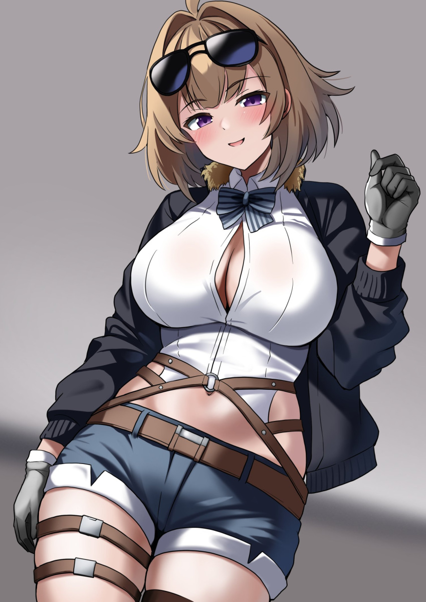 ahoge belt black_jacket blue_shorts blush bow breasts brown_hair center_opening cleavage collared_shirt eyewear_on_head fur_collar girls'_frontline gloves green_gloves grizzly_mkv_(girls'_frontline) hair_intakes hand_up highres jacket ki-51_(ampullaria) large_breasts looking_at_viewer medium_hair navel open_clothes open_jacket purple_eyes shirt shorts smile stomach striped striped_bow sunglasses thigh_strap white_shirt