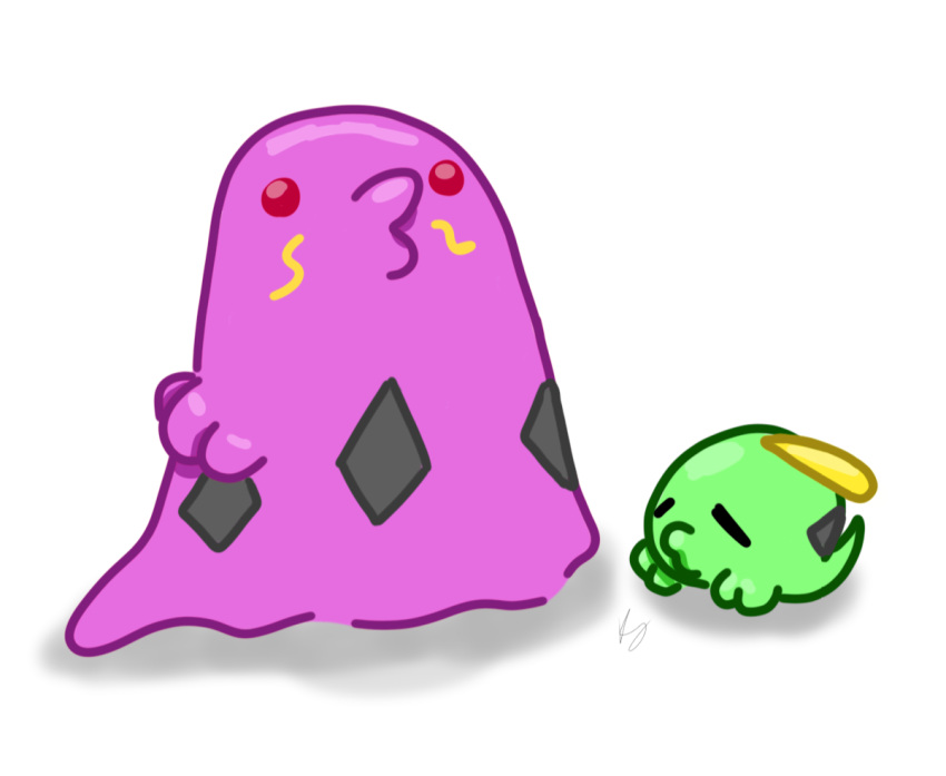 ambiguous_gender digital_media_(artwork) duo eyes_closed feral generation_3_pokemon green_body gulpin kitkiy nintendo pokemon pokemon_(species) purple_body red_eyes simple_background swalot tag white_background