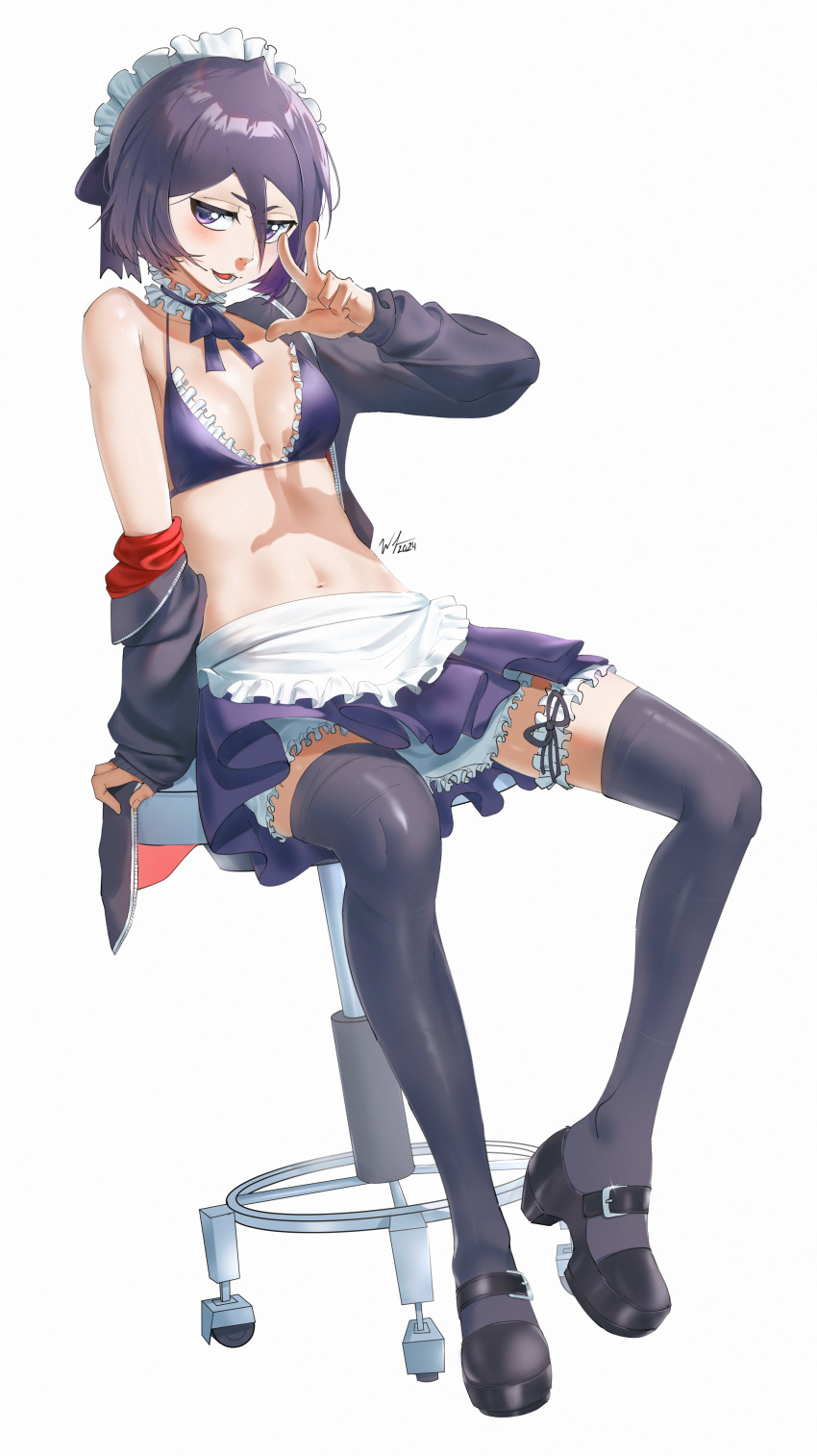 1girl absurdres alternate_costume apron artoria_pendragon_(alter_swimsuit_rider)_(fate) artoria_pendragon_(alter_swimsuit_rider)_(fate)_(cosplay) artoria_pendragon_(fate) bikini black_bikini black_eyes black_hair black_jacket black_skirt black_thighhighs bleach breasts choker cosplay fate/grand_order fate_(series) frilled_bikini frilled_choker frills highres jacket kuchiki_rukia maid maid_bikini maid_headdress navel short_hair simple_background sitting skirt small_breasts solo stool swimsuit thighhighs unconventional_maid w waist_apron waligner white_apron white_background