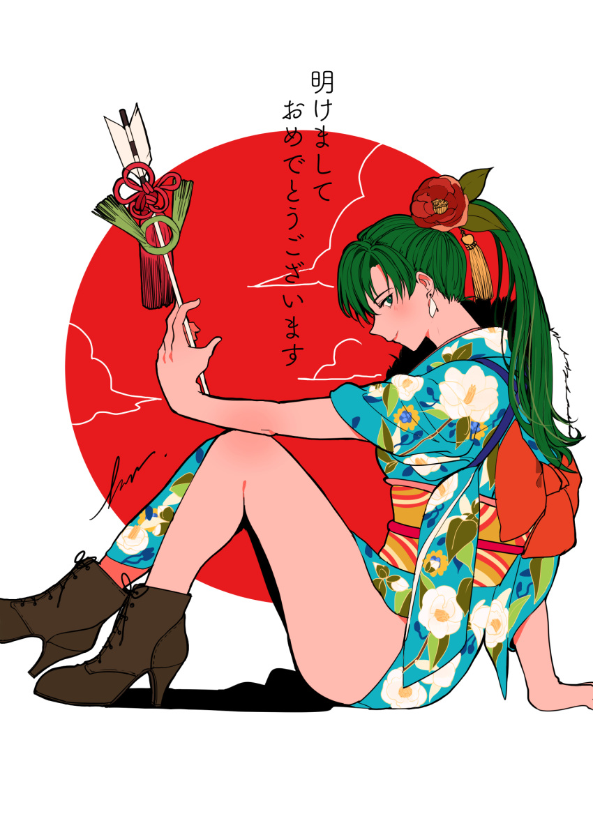 1girl ankle_boots arm_support arrow_(projectile) blue_eyes blue_kimono boots brown_footwear closed_mouth commentary_request earrings fire_emblem fire_emblem:_the_blazing_blade floral_print flower from_side green_hair hair_flower hair_ornament hamaya high_heels high_ponytail highres holding holding_arrow japanese_clothes jewelry kazuha_(kazuha1003) kimono long_hair looking_at_viewer lyn_(fire_emblem) new_year obi print_kimono red_flower sash short_sleeves side_slit signature sitting smile solo thighs translation_request
