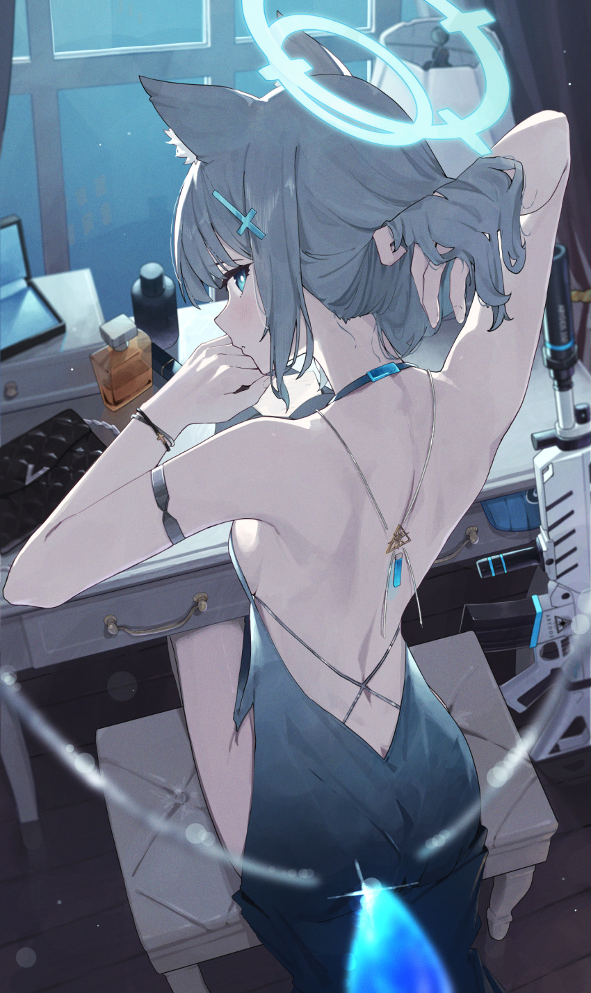 1girl alternate_costume animal_ear_fluff animal_ears ass back bag black_choker black_dress blue_archive blue_eyes blue_halo blush choker closed_mouth cross_hair_ornament dress extra_ears floor from_above from_behind grey_hair gun hair_ornament halo highres indoors medium_hair ningen_gokko shiroko_(blue_archive) sitting solo weapon window wolf_ears