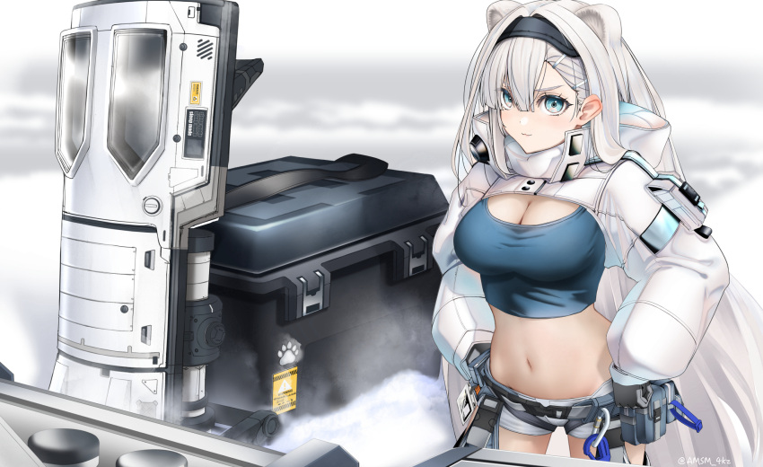 1girl animal_ears arknights aurora_(arknights) bear_ears black_hairband blue_eyes blue_shirt breasts cleavage commentary_request cowboy_shot crop_top hairband hands_on_own_hips highres large_breasts long_hair long_sleeves looking_at_viewer micro_shorts midriff navel shirt short_shorts shorts shrug_(clothing) solo standing stomach very_long_hair white_hair white_shorts yokaze_(yokajie)
