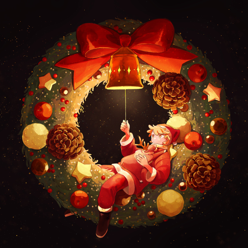 1boy bell boots bow christmas christmas_ornaments coat full_body fur-trimmed_boots fur-trimmed_coat fur_trim giri9211 hat highres long_sleeves male_focus orange_eyes orange_hair original pinecone reindeer santa_costume santa_hat short_hair solo star_(symbol) wreath