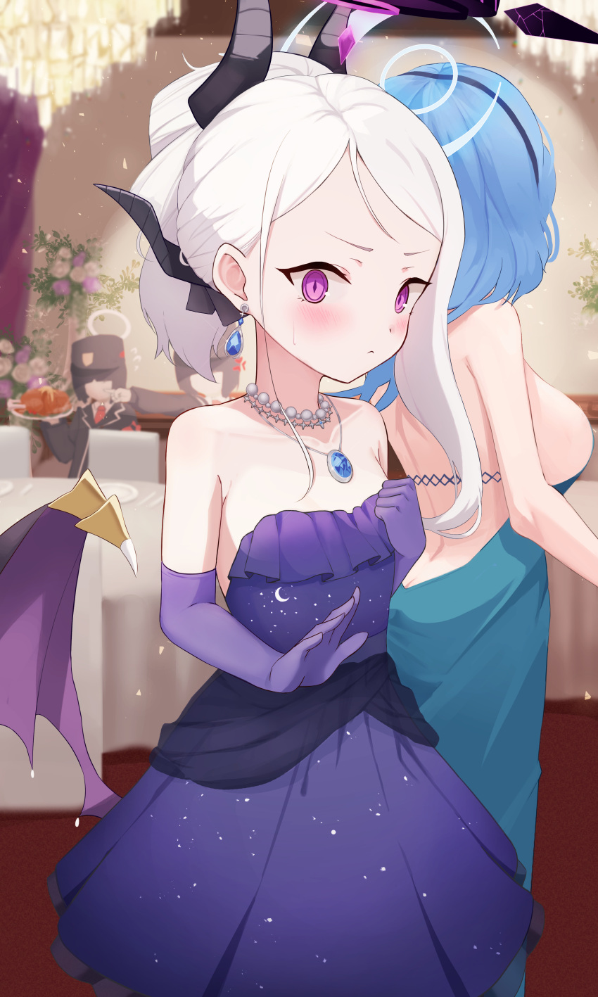 2girls absurdres ako_(blue_archive) ako_(dress)_(blue_archive) asymmetrical_hair bare_shoulders blue_archive blush breasts chinese_commentary closed_mouth commentary_request demon_girl demon_horns demon_wings dress elbow_gloves gloves halo highres hina_(blue_archive) hina_(dress)_(blue_archive) horns jewelry jixo_(user_nzhc8728) looking_at_viewer multiple_girls necklace official_alternate_costume parted_bangs pearl_necklace pendant purple_dress purple_eyes purple_gloves purple_halo small_breasts strapless strapless_dress sweatdrop variant_set white_hair wings