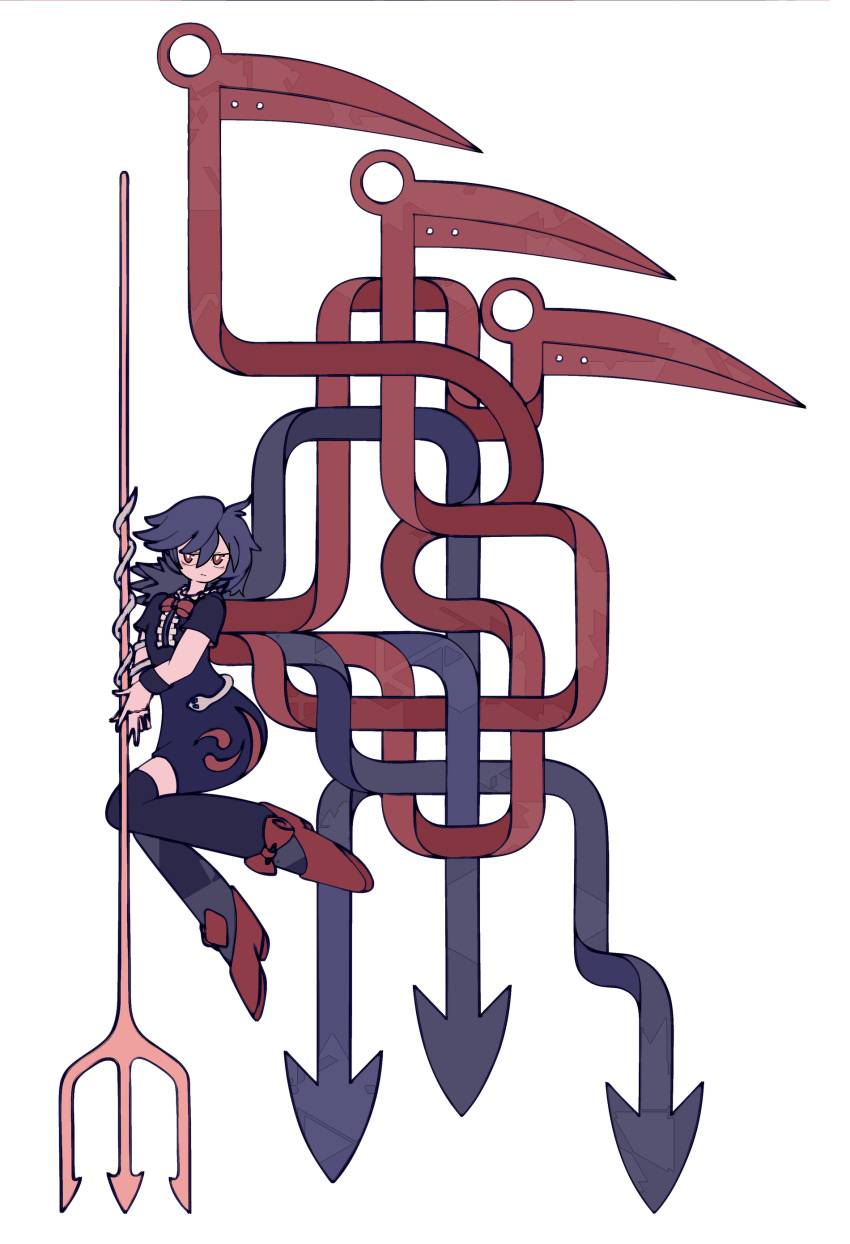 1girl absurdres black_dress black_thighhighs blue_hair bow bowtie celtic_knot closed_mouth dark_blue_hair dress frills from_side full_body harano_kaguyama highres holding_trident houjuu_nue looking_at_viewer medium_hair polearm red_bow red_bowtie red_eyes red_footwear shoes short_dress short_sleeves simple_background snake solo thighhighs touhou trident weapon white_background wrist_cuffs