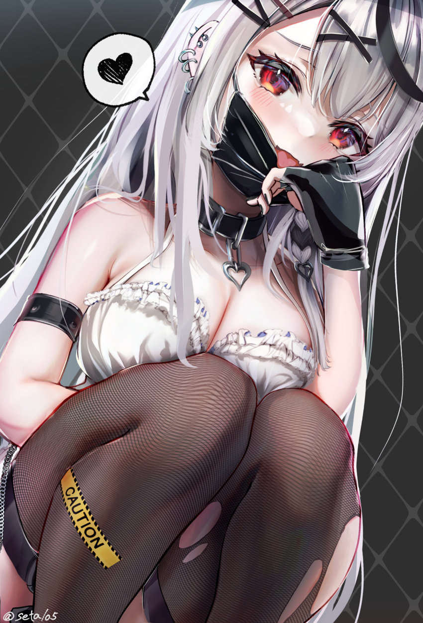 1girl black_collar black_gloves black_hair black_mask black_nails black_thighhighs blush breasts camisole cleavage collar ear_piercing fingerless_gloves gloves grey_hair hair_ornament hairpin head_rest highres hololive large_breasts long_hair mask mask_pull mouth_mask multicolored_hair nail_polish open_mouth piercing red_eyes sakamata_chloe sakamata_chloe_(1st_costume) seta_(seta105) smile streaked_hair thighhighs tongue tongue_out torn_clothes torn_thighhighs virtual_youtuber white_camisole x_hair_ornament