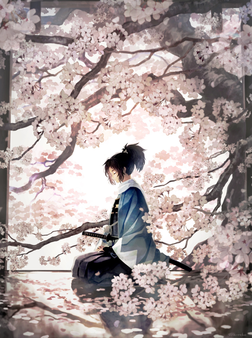 1boy armor black_hair black_hakama cherry_blossoms chest_guard facing_ahead flower from_side hakama hands_on_own_legs haori haori_himo highres japanese_armor japanese_clothes katana long_sleeves male_focus mole mole_under_eye own_hands_together pink_flower ponytail profile reflective_floor scarf seiza shinsengumi sidelocks sitting solo suzuneko-rin sword touken_ranbu tree weapon white_flower white_scarf wide_sleeves yamato-no-kami_yasusada