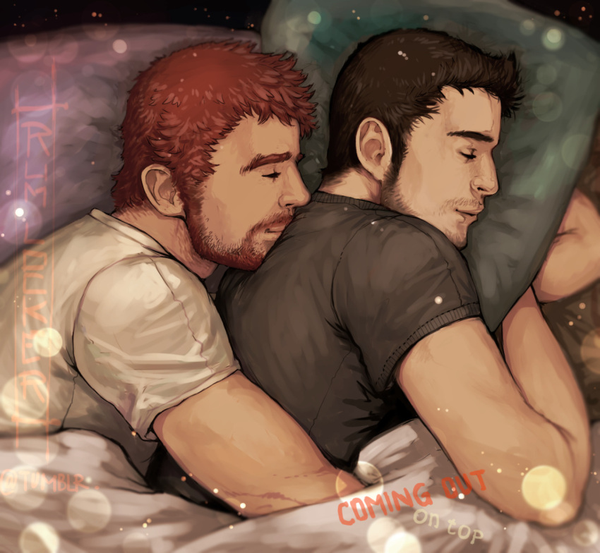 2boys bad_id bad_tumblr_id bara beard_stubble blurry bokeh brad_(coming_out_on_top) brown_hair coming_out_on_top couple cuddling depth_of_field facial_hair from_above from_side head_on_another's_back head_rest hug hug_from_behind lying male_focus mark_(coming_out_on_top) mature_male multiple_boys mustache_stubble on_side orange_hair profile rumlockerart shirt short_hair sleeping smile sparse_stubble stubble t-shirt thick_eyebrows upper_body yaoi
