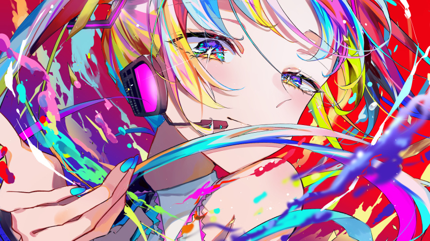 1girl blue_eyes blush collared_shirt hair_ornament hatsune_miku headphones headset highres long_hair looking_at_viewer multicolored_eyes multicolored_hair nail_polish oda_kogane paint rainbow_eyes rainbow_hair red_background shirt sleeveless sleeveless_shirt smile solo twintails upper_body vocaloid