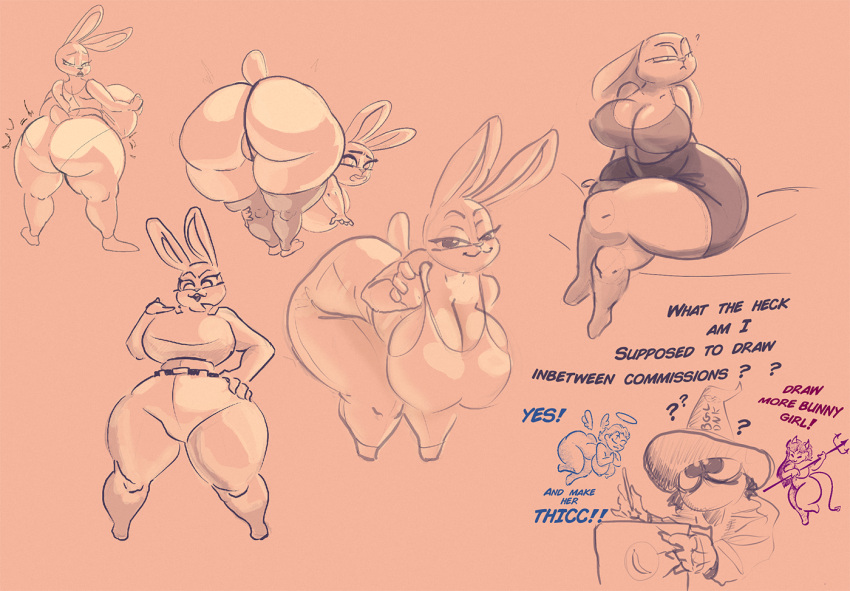 angel anthro bent_over big_breasts big_butt bigoldoinks bottomwear bra breasts butt cleavage clothed clothing demon dialogue disney feathered_wings feathers female gym_bottomwear gym_clothing gym_shorts huge_breasts huge_butt hyper hyper_butt judy_hopps lagomorph mammal shorts sketch_page solo sports_bra thick_thighs tight_clothing underwear wide_hips wings zootopia