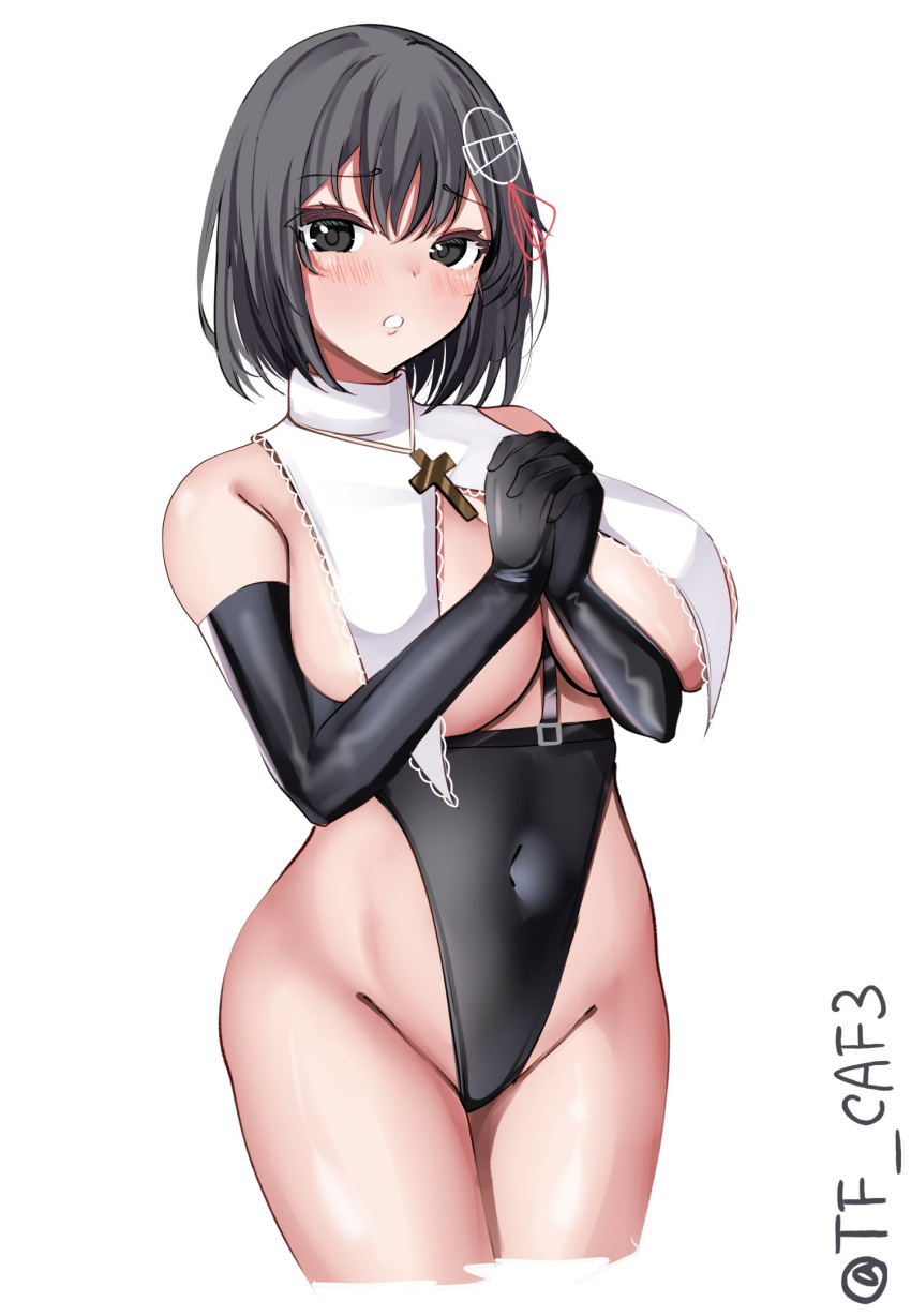 1girl black_gloves black_hair black_leotard blush breast_curtains breasts brown_eyes cowboy_shot cross cross_necklace elbow_gloves gloves haguro_(kancolle) hair_ornament highres jewelry kantai_collection large_breasts latin_cross leotard looking_at_viewer necklace nun praying short_hair solo tf_cafe twitter_username white_background