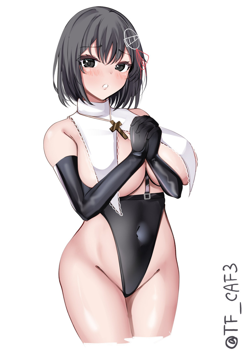 1girl black_gloves black_hair black_leotard blush breast_curtains breasts brown_eyes cowboy_shot cross cross_necklace elbow_gloves gloves haguro_(kancolle) hair_ornament highres jewelry kantai_collection large_breasts latin_cross leotard looking_at_viewer necklace nun praying short_hair solo tf_cafe twitter_username white_background
