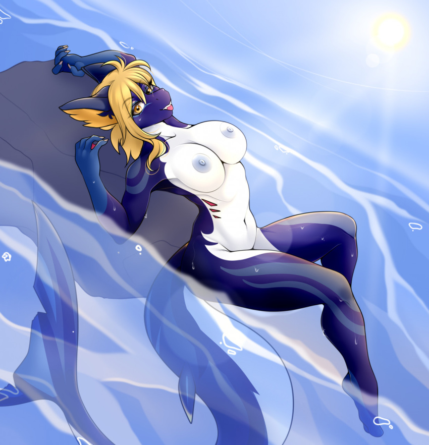 amber_eyes anthro big_breasts blonde_hair blue_body breasts claws digital_media_(artwork) female fish fluffy_ears gills hair hi_res looking_at_viewer marine markings membrane_(anatomy) milly_wiles navel neela87 nipples nude open_mouth rock sea shark shark_fin shark_tail smile solo tail teeth water webbed_hands white_body
