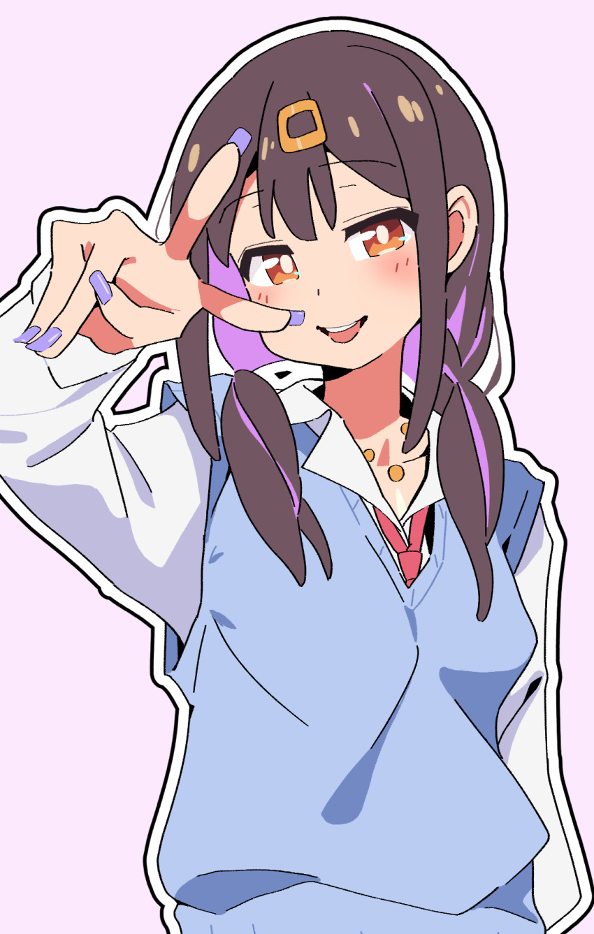 1girl :d :p black_hair blue_vest blush brown_eyes colored_inner_hair commentary fingernails gradient_background gyaru hair_ornament hairclip highres kogal long_fingernails long_hair long_sleeves looking_at_viewer low_twintails multicolored_hair noyama_takenoko onii-chan_wa_oshimai! open_mouth outline oyama_mihari pink_background purple_hair purple_nails shirt simple_background smile solo tongue tongue_out twintails two-tone_hair upper_body v vest white_outline white_shirt wing_collar