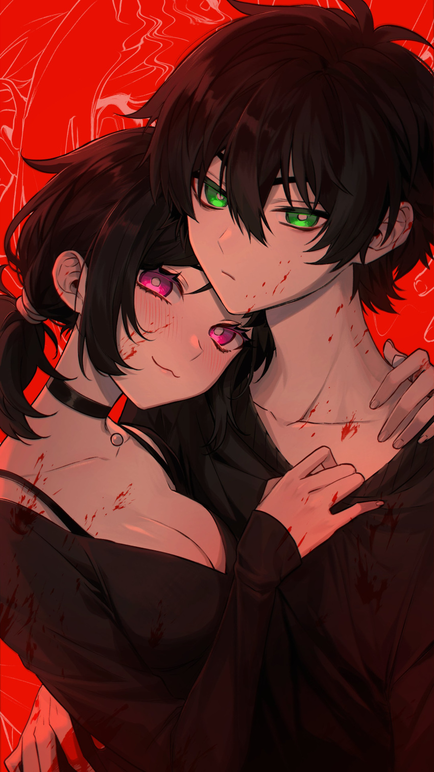 1boy 1girl absurdres andrew_graves ashley_graves black_collar black_hair black_sweater blood blood_on_face collar green_eyes highres hug nanin pale_skin pink_eyes ponytail red_background siblings smile sweater the_coffin_of_andy_and_leyley