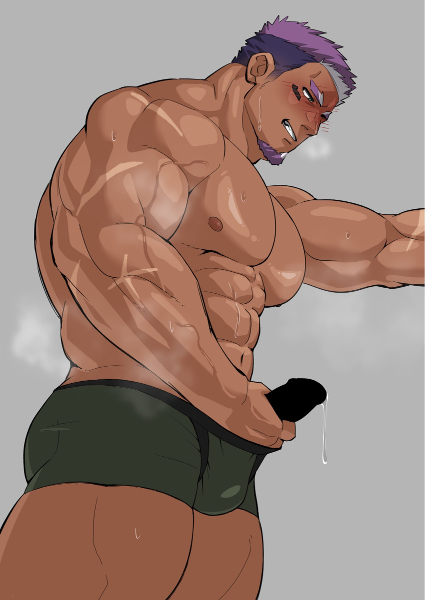 1boy abs bara blank_censor blush bulge censored clenched_teeth covered_testicles dark-skinned_male dark_skin erection erection_under_clothes facial_hair from_below from_side goatee highres kansuke_(kansuke_717) large_pectorals live_a_hero male_focus male_masturbation masturbation mature_male medium_sideburns muscular muscular_male nipples outstretched_arm pectorals precum precum_drip profile purple_hair scar shaft_(live_a_hero) short_hair sideburns_stubble solo steaming_body strongman_waist stubble sweat teeth thick_eyebrows very_sweaty