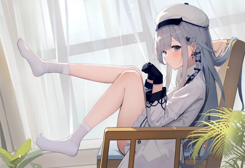 1girl absurdres armchair black_gloves blush braid chair closed_mouth day detached_collar earrings from_side gloves grey_eyes grey_hair hat highres indoors jacket jewelry legs_up long_hair long_sleeves looking_at_viewer looking_to_the_side miniskirt nijisanji setsunelhr side_braid sitting skirt socks solo very_long_hair virtuareal white_headwear white_jacket white_skirt white_socks window