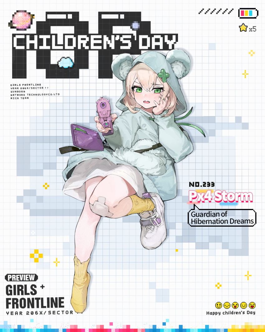 1girl aged_down aiming aiming_at_viewer animal_ear_hood animal_ears bandaid bandaid_on_knee bandaid_on_leg battery_indicator bear_ears beretta_px4 blonde_hair blue_hoodie blush character_name children's_day clover company_name copyright_name drawstring fake_animal_ears fangs four-leaf_clover full_body girls'_frontline green_eyes grid_background gun hair_between_eyes hand_on_own_face handgun highres holding holding_gun holding_weapon hood hoodie long_sleeves looking_at_viewer medium_hair official_alternate_costume official_art open_mouth planet purple_bag px4_storm_(girls'_frontline) px4_storm_(guardian_of_hibernation_dreams)_(girls'_frontline) rainli second-party_source shirt shoes single_shoe sneakers socks solo star_(symbol) tears trigger_discipline weapon white_footwear white_shirt yellow_socks