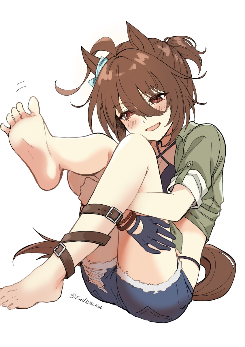 1girl agnes_tachyon_(lunatic_lab)_(umamusume) agnes_tachyon_(umamusume) ahoge animal_ears barefoot belt bikini black_bikini black_gloves blush bracelet breasts brown_belt cleavage commentary_request criss-cross_halter denim denim_shorts ear_ornament emil1030_blue feet gloves green_jacket hair_between_eyes halterneck highres horse_ears horse_girl horse_tail jacket jewelry legs_up looking_at_viewer medium_breasts messy_hair official_alternate_costume official_alternate_hairstyle open_mouth red_eyes short_hair short_ponytail shorts simple_background single_glove smile soles solo swimsuit tail tied_jacket toes torn_clothes twitter_username umamusume white_background wristband