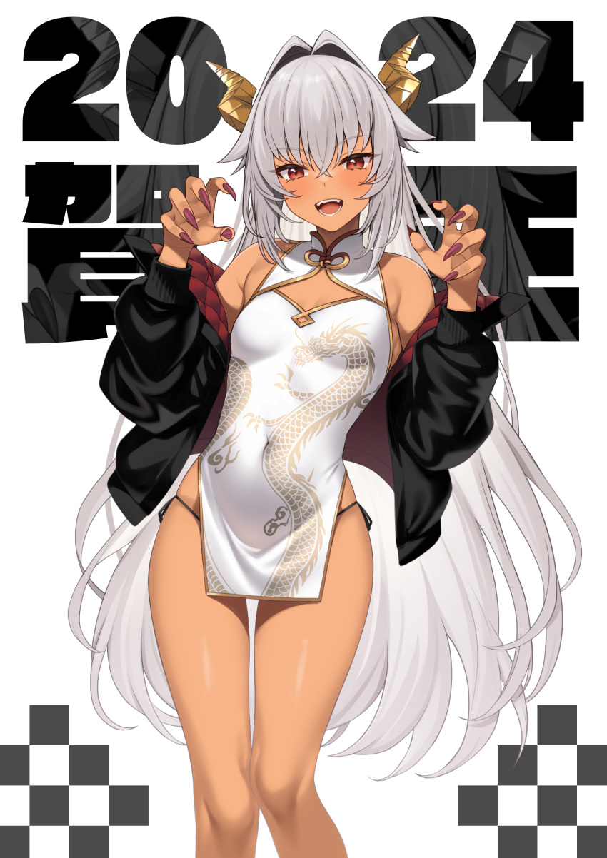 1girl 2024 absurdres bare_shoulders black_jacket breasts china_dress chinese_clothes claw_pose cleavage_cutout clothing_cutout covered_navel dark-skinned_female dark_skin dragon_girl dragon_horns dragon_print dragon_tail dress enjo_kouhai fingernails gold_trim grey_hair hair_intakes highres horns jacket long_fingernails long_hair long_sleeves looking_at_viewer off_shoulder open_clothes open_jacket panties pelvic_curtain print_dress red_eyes red_nails sharp_fingernails short_dress side-tie_panties side-tie_peek skindentation sleeveless sleeveless_dress small_breasts smile solo string_panties tail takunomi teeth thighs underwear ursula_(takunomi) very_long_hair white_hair