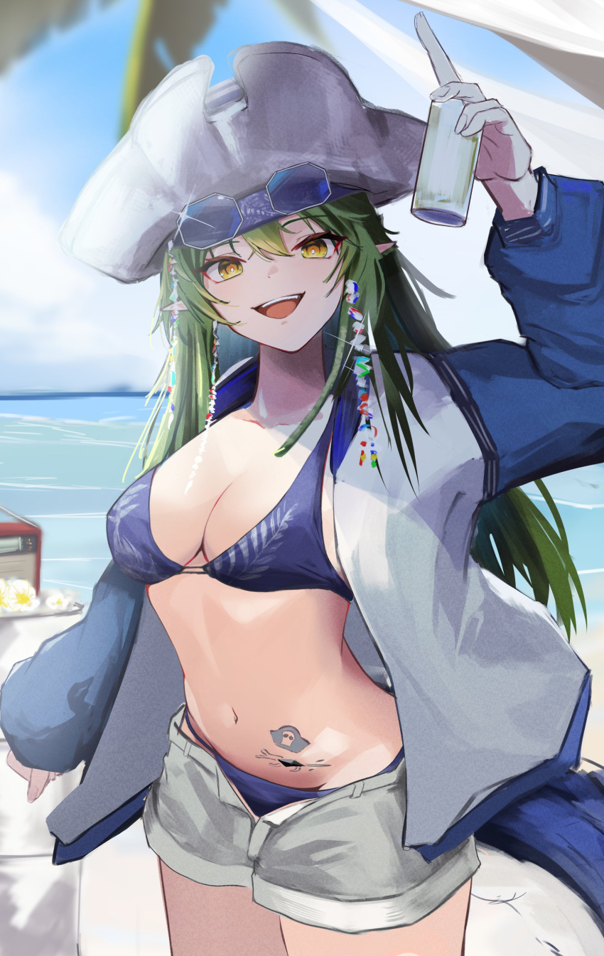 1girl absurdres arknights arm_up beach bikini blue-tinted_eyewear blue_bikini blue_jacket blue_sky breasts can cleavage cloud commentary crocodilian_tail eyewear_on_head gavial_(arknights) gavial_the_invincible_(arknights) gavial_the_invincible_(holiday)_(arknights) green_hair grey_shorts hat highres holding holding_can jacket long_hair looking_at_viewer medium_breasts multicolored_clothes multicolored_jacket nekomatamago ocean official_alternate_costume open_mouth oripathy_lesion_(arknights) pirate_hat pointy_ears shorts sky smile solo stomach_tattoo swimsuit tail tattoo tinted_eyewear two-tone_jacket white_headwear white_jacket yellow_eyes