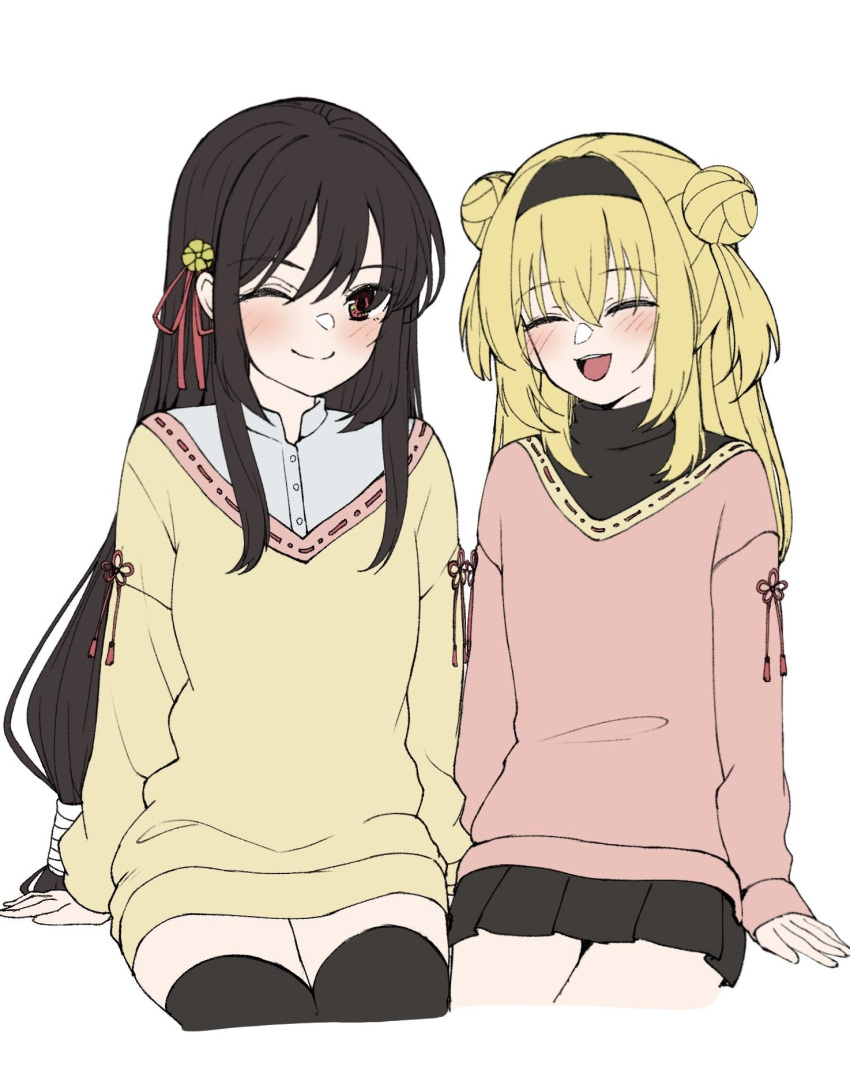 2girls :d ;) alternate_costume arms_at_sides black_hair black_hairband black_skirt black_thighhighs blonde_hair blush casual chitose_sana closed_mouth commentary_request cowboy_shot crossed_bangs double_bun facing_away hair_between_eyes hair_bun hairband happy highres long_hair looking_at_another low-tied_long_hair miniskirt multiple_girls one_eye_closed open_mouth pink_sweater pleated_skirt red_eyes side-by-side sidelocks simple_background sitting skirt sleeves_past_wrists smile straight_hair sweater tenshinranman tft_(tft7822) thighhighs two_side_up unohana_no_sakuyahime very_long_hair white_background yellow_sweater zettai_ryouiki