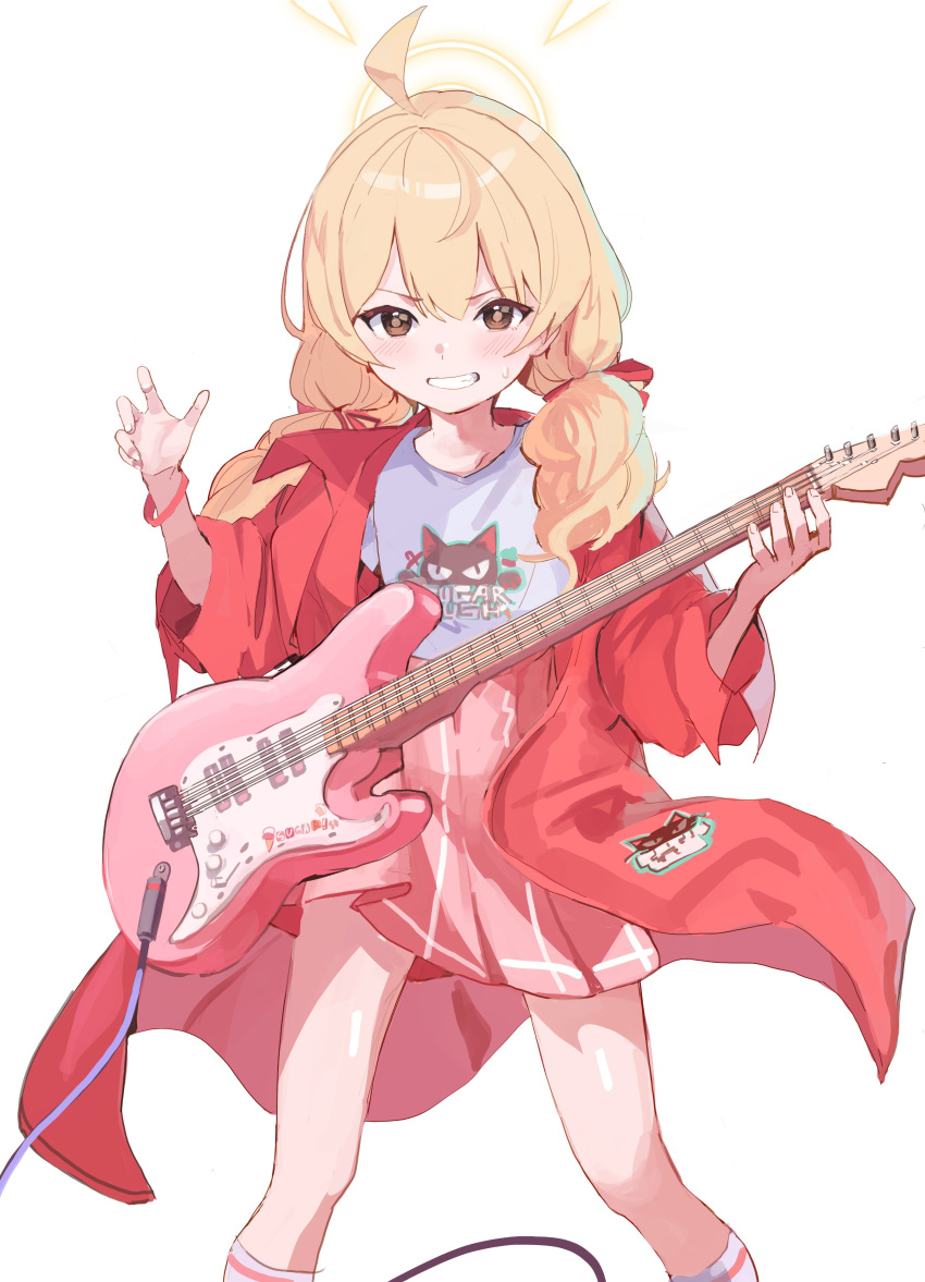 1girl absurdres blonde_hair blue_archive blush brown_eyes clenched_teeth electric_guitar feet_out_of_frame ggab0621 guitar hair_ribbon highres holding holding_instrument instrument jacket long_hair looking_at_viewer official_alternate_costume open_clothes open_jacket pink_skirt pleated_skirt red_jacket red_ribbon ribbon shirt simple_background skirt solo teeth tress_ribbon white_background white_shirt yoshimi_(blue_archive)