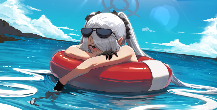 1girl absurdres bada_(jksh5056) bare_shoulders beach black-framed_eyewear black_gloves blue_archive blue_sky cloud cloudy_sky commentary_request eyewear_on_head gloves grey_hair hair_over_one_eye halo highres innertube iori_(blue_archive) iori_(swimsuit)_(blue_archive) long_hair looking_at_viewer official_alternate_costume outdoors pointy_ears red_eyes sky solo sunglasses sunlight swim_ring twintails water