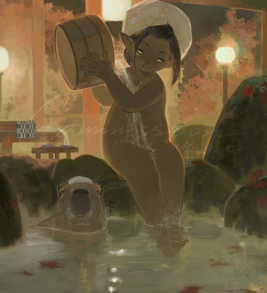 1girl animal autumn_leaves brown_hair bucket capybara commission completely_nude dark-skinned_female dark_skin final_fantasy final_fantasy_xiv hands_up highres holding holding_bucket koubayouniao lalafell lamppost looking_at_viewer nude onsen parted_lips pointy_ears pouring pouring_onto_self rock short_hair sitting soaking_feet solo splashing stool table towel towel_on_head warrior_of_light_(ff14) water watermark