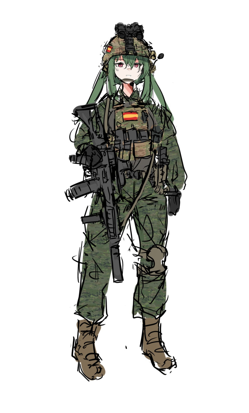 1girl animal_ears assault_rifle black_gloves boots bulletproof_vest camouflage gloves green_hair gun h&amp;k_g36 helmet highres holding holding_gun holding_weapon load_bearing_vest magazine_(weapon) military night_vision_device optical_sight original rabbit_ears red_eyes rennn_(ilobeste) rifle sketch smile spain spanish_flag suppressor tactical_clothes teeth weapon white_background