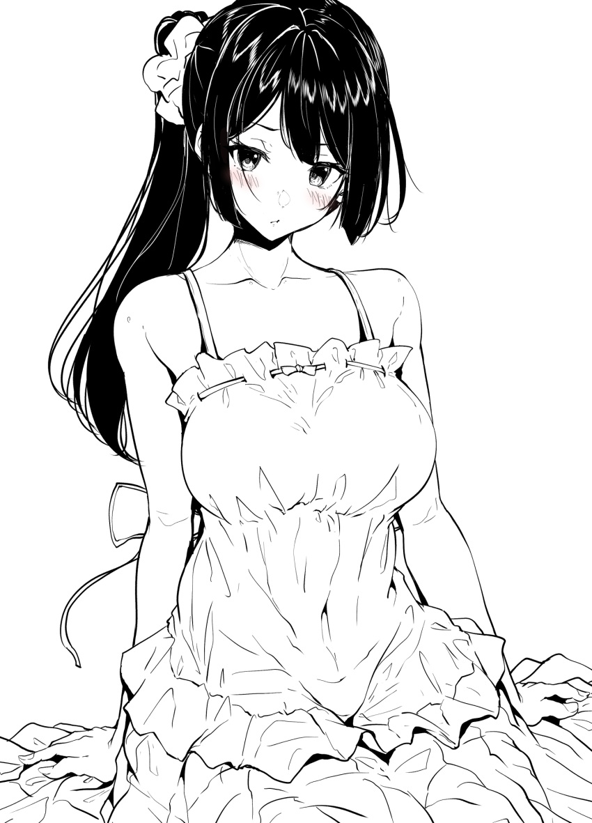 1girl bare_arms bare_shoulders blush breasts collarbone dress frilled_dress frills hair_ornament hair_scrunchie hibike!_euphonium highres kousaka_reina long_hair medium_breasts mokufuu monochrome ponytail ribbon-trimmed_dress scrunchie simple_background sitting sleeveless sleeveless_dress solo spot_color white_background