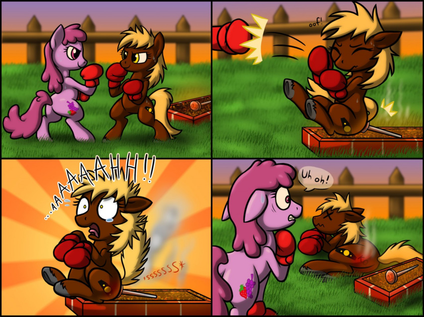 berry_punch_(mlp) boxing boxing_gloves branding branding_iron burning butt butt_on_fire clothing comic cutie_mark dialogue digital_media_(artwork) duo earth_pony equid equine fan_character female fence feral fire friendship_is_magic handwear hasbro horse mammal metallicumbrage my_little_pony pain pony screaming semi-anthro smoke speech_bubble sport text uhoh