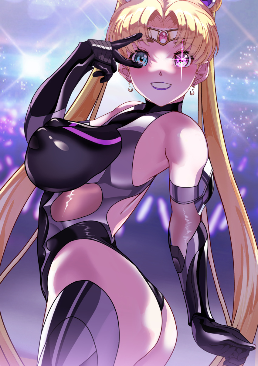 absurdres arion_canvas ass bishoujo_senshi_sailor_moon blonde_hair blue_eyes blush bodysuit breasts covered_nipples earrings elbow_gloves gloves highres jewelry large_breasts long_hair looking_at_viewer magical_girl sailor_moon skin_tight taimanin_(series) taimanin_suit twintails